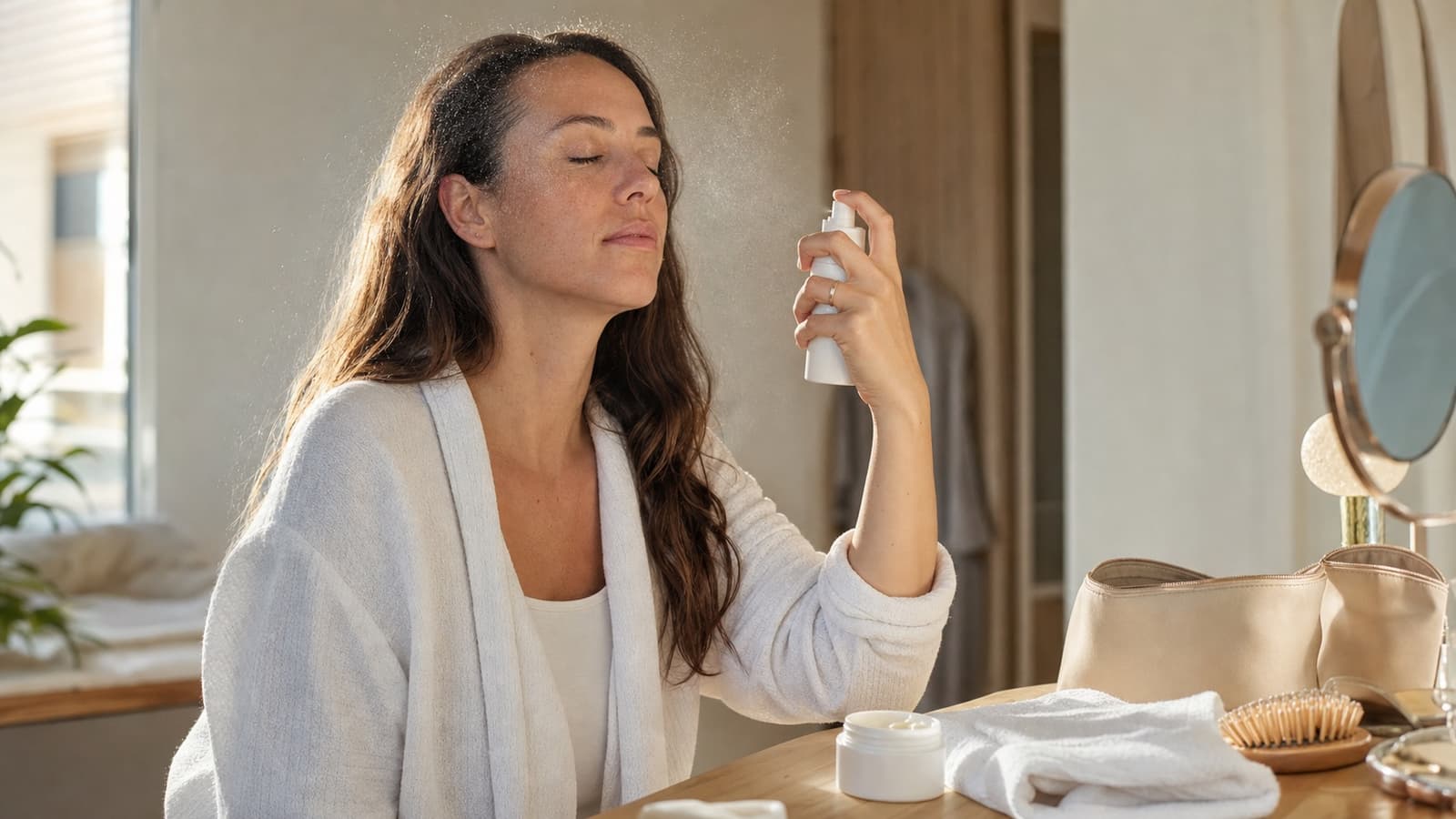 Adult using a face mist at a vanity before the rest of a beauty routine