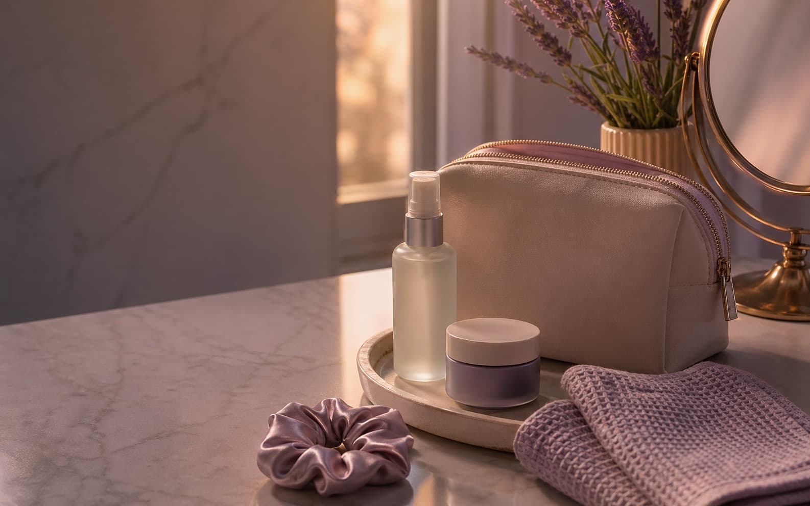 Rose lavender vanity wind-down setup with face mist, balm jar, pouch, and towel
