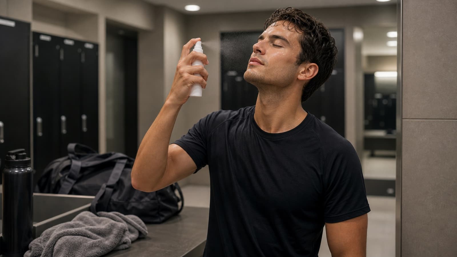 Adult man using a face mist after a workout in a gym changing area